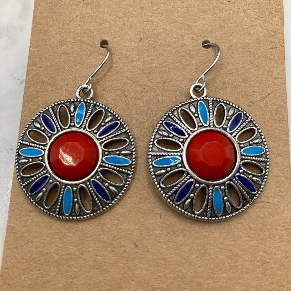 Silver Earrings featuring Red and Blue Gemstones.
